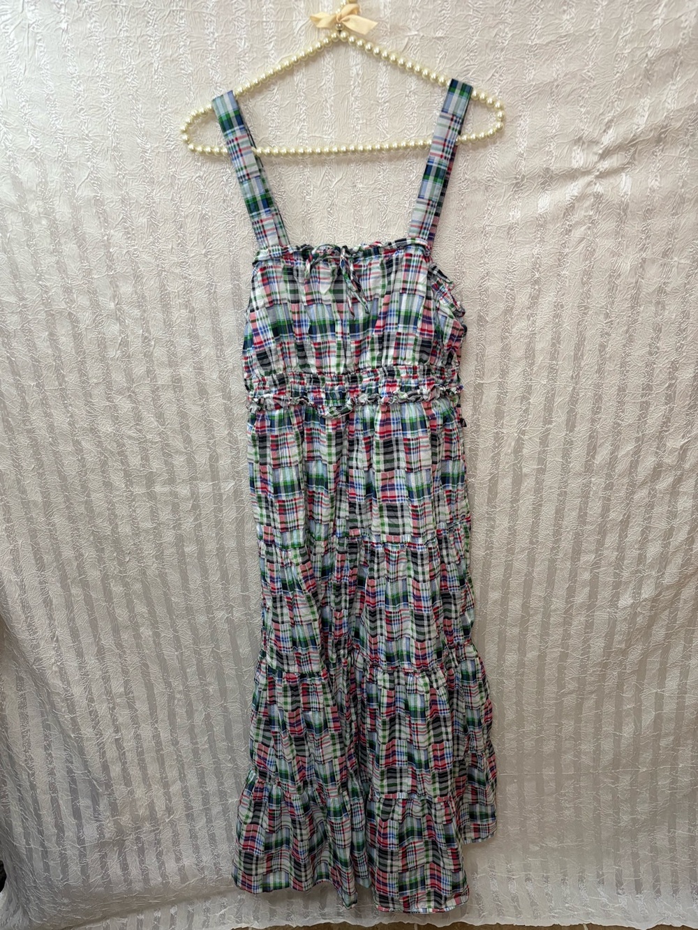 Nautica Multicolor Plaid Tiered Maxi Dress with Font Tie Detail - Size S